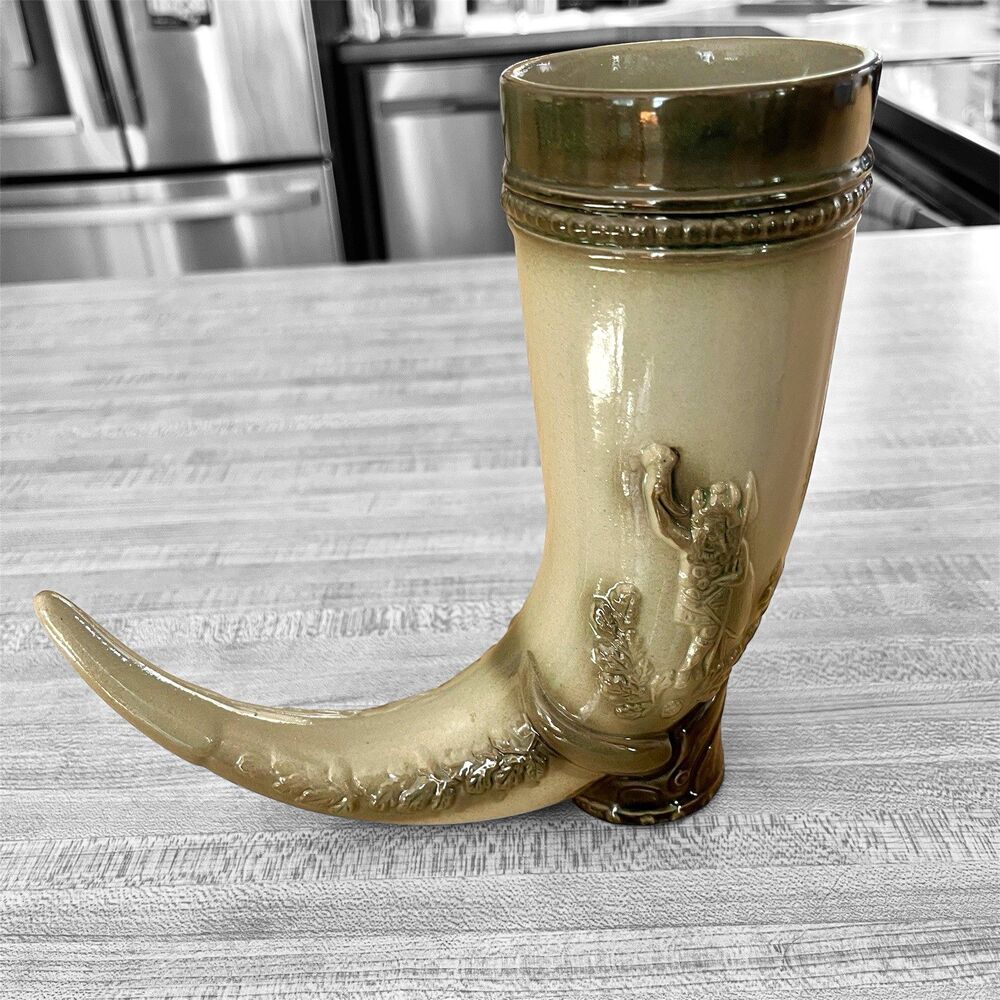 German Beer Stein Horn Boot Shaped Ceramic Stuttgart